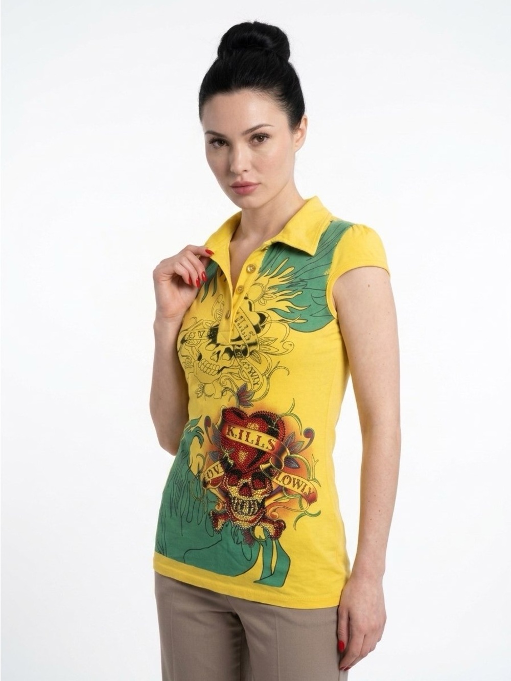 ED HARDY YELLOW SKULL GRAPHIC POLO SHIRT SIZE LARGE WOMENS